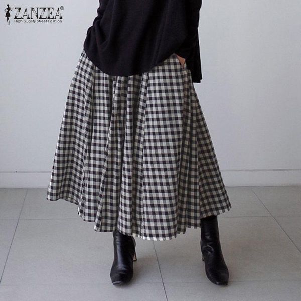 

skirts s 5xl 2022 summer check pleated elastic waist swing sundress women vintage plaid party midi skirt female vestidos, Black