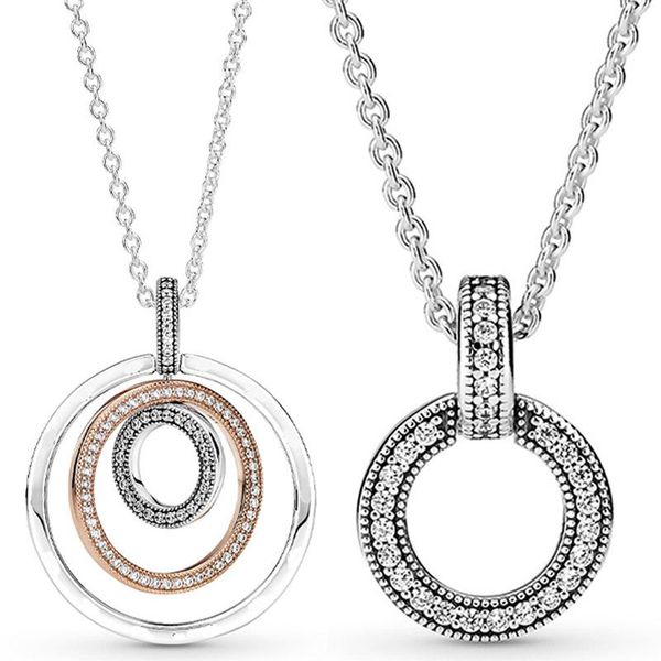 

chains 100% 925 sterling silver double two-tone circles with crystal pendant & necklace fit fashion bead charm trendy diy jewelry
