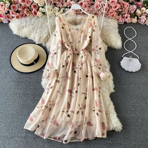 

sweet square collar lace chiffon printed midi dress women elegant flare long sleeve high waist vestidos bohemian 2021 spring new, Black;gray