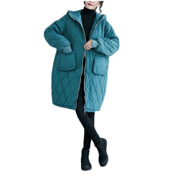 Inverno Cotone Moda Donna Stile coreano Grasso MM Allentato Plus Size Addensare Con Tasca Giacca lunga con cappuccio Donna LR1322 210531