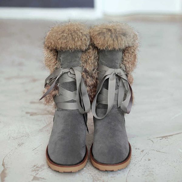 Swyivy Kaninchen Pelz Hohe große Schneeschuhe Frau Wohnungen 2018 Winter Neue Frau Velver Schneeschuhe Schnürung Warm Pelz Schnee Stiefel 34 43 H1009