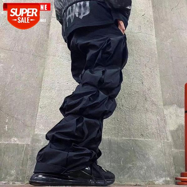 

tkpahiphop folds stacked straight wide leg pants funeral solid color overalls trousers for men and women #zi7w, Black