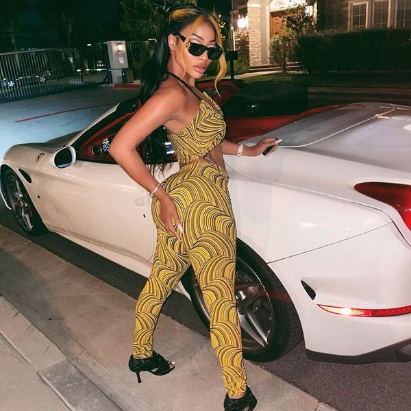 

women's two piece pants fashion women summer printing hanging neck open back suspender high waist slim suit, White