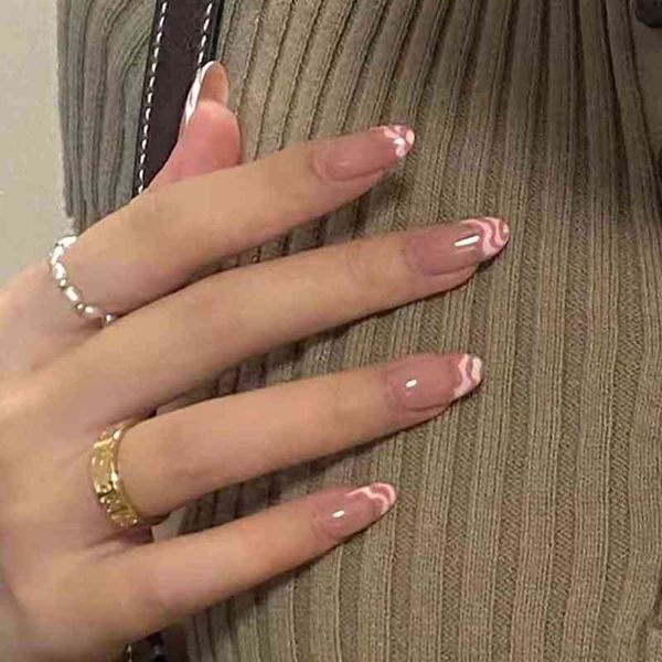 

false nails 24pcs/box almond false nails pink ripple design artificial ballerina fake with glue full cover nail tips press on 220225, Red;gold