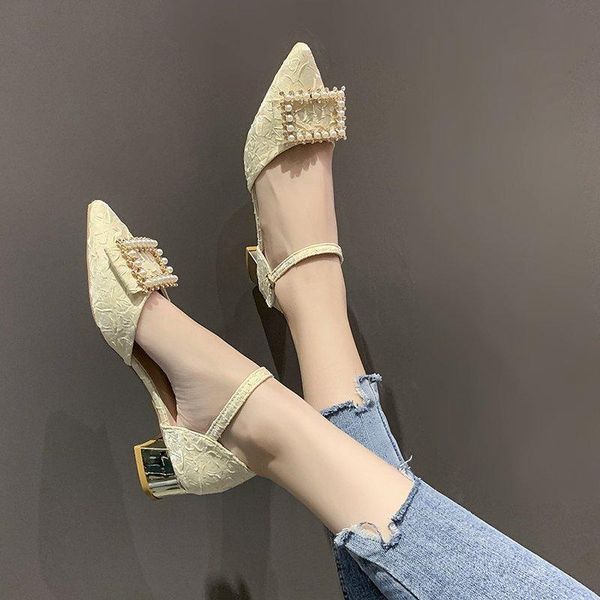 

sandals 2021 shoes closed toe med block heels suit female beige all-match medium summer chunky pointed black outside girls f