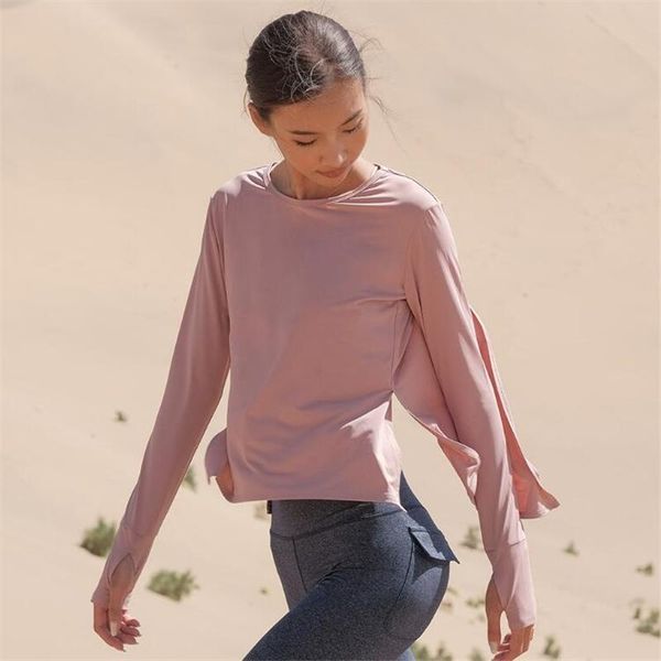 

yoga outfit womens long sleeve workout shirts loose fit pink sports white activewear cropped gym backless with thumb hole