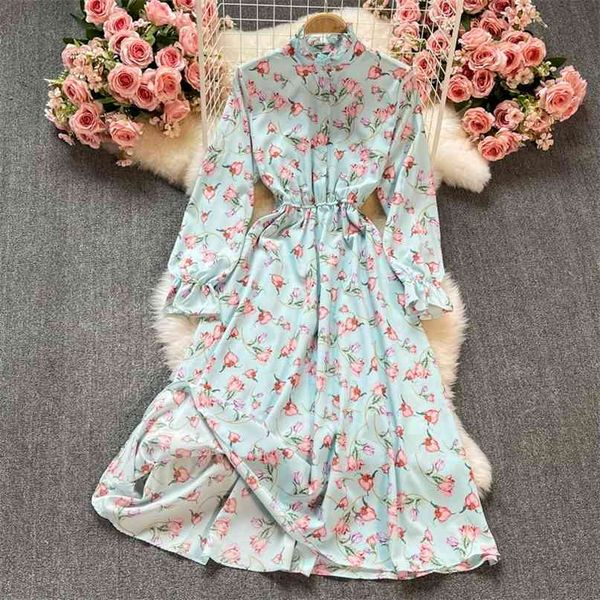 

fashion women long sleeve floral dress spring summer stand collar single breasted elastic waist a-line casual beach 210603, Black;gray