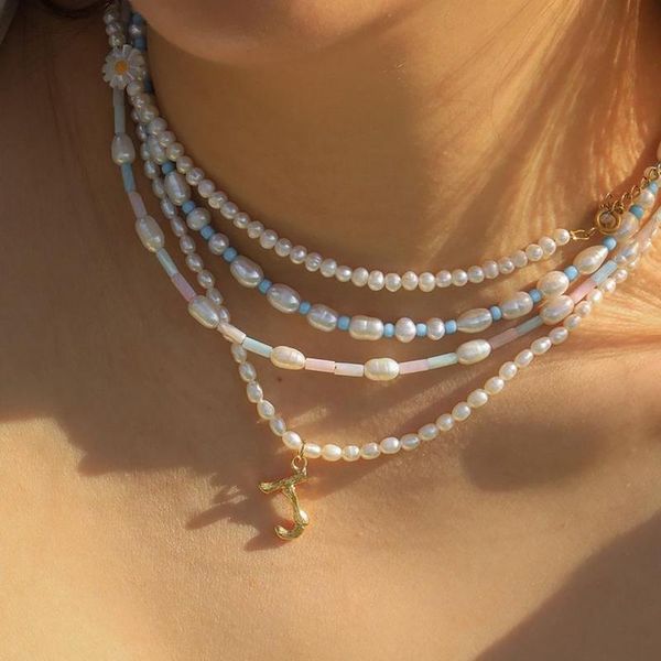 

chokers summer women choker trendy ocean daisy pastel beaded necklace freshwater pearl handcraft girls 2021 accessories, Golden;silver
