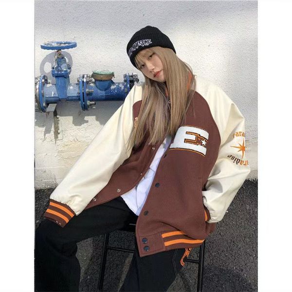 

women's trench coats 2021 baseball jacket bomber woman hip hop furry bone patchwork color block men's harajuku streetwear o, Tan;black
