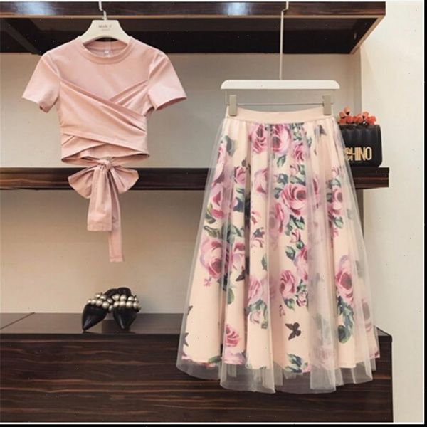 

high women tracksuits quality luxury runway summer short sleeve pink bow crop t shirt elastic waist mesh rose print, Gray