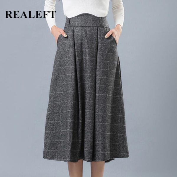 

skirts realeft 2021 arrival high waist long with pocket british style wool women winter autumn, Black