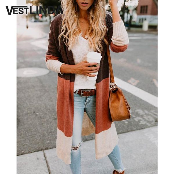 

women's sweaters vestlinda long cardigan women collarless sleeve color block open stitch mujer casual fall fashion female, White;black