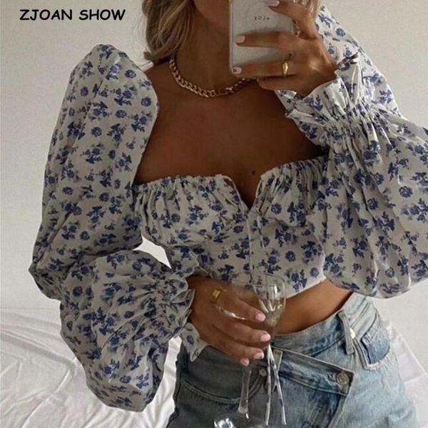

women's blouses & shirts 2021 vintage blue white floral print crop shirt women square neck back zipper long sleeve slim fit blouse