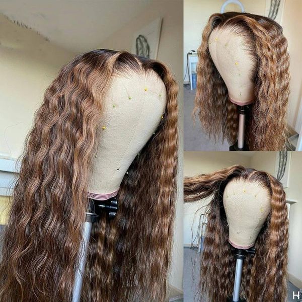 

highlight color soft kinky curly remy glueless t part lace front wig human hair preplucked with baby scalp closure wigs, Black;brown