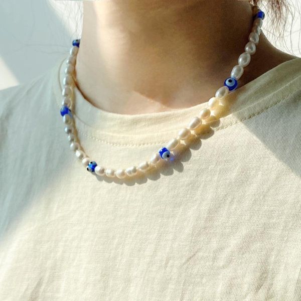 

chokers white freshwater pearl necklace for women colored glaze evil eyes bead personality summer party jewelry, Golden;silver