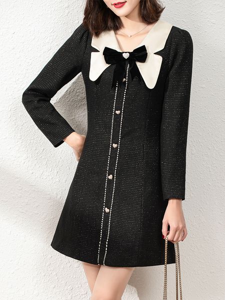

black long-sleeved dress for women autumn and winter 2021 new commuter doll collar tea dress slim fit slimming a- line skirt, Black;gray