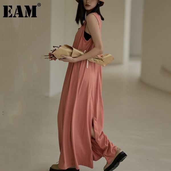 

[eam] women blue casual slit brief solid ankle-length vest dress round neck sleeveless loose fit fashion summer 210512, Black;gray