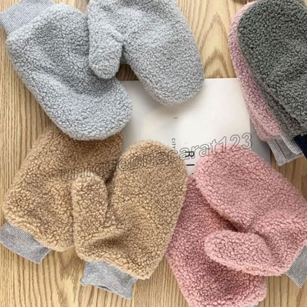 

japanese style lamb wool mittens cute korean version warm solid color gloves for women girls windproof full finger mittens, Blue;gray