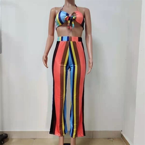 

women's leggings women striped print two piece sets bow tie crop and patchwork pants casual ladies sleveless matching outfits, Black