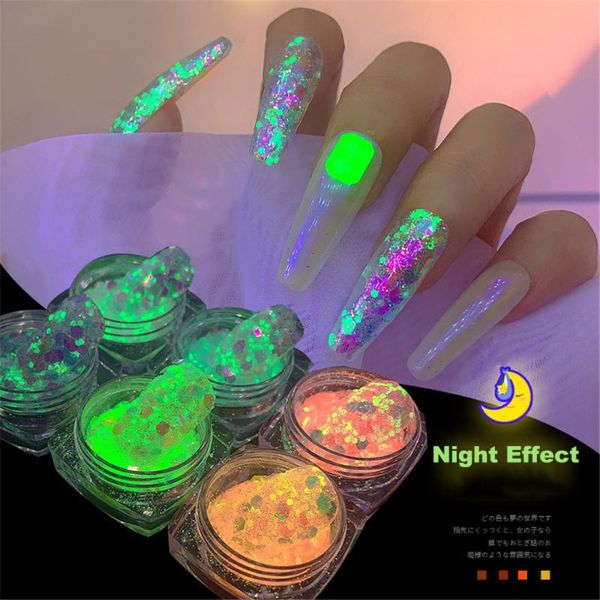 

nail glitter 6pcs luminous sequins 3d art fluorescent sequin, holographic flakes glow in the dark 5g/box, Silver;gold