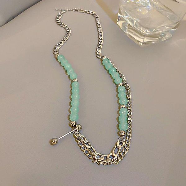 

chokers origin summer trendy mint green natural stone choker necklaces for women multi layered hollow link chain beaded necklace gifts, Golden;silver