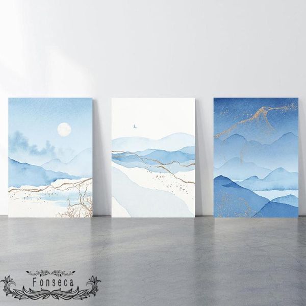 

paintings abstract watercolor navy blue gold sun mountain landscapes poster wall art canvas painting for living room interior decoration