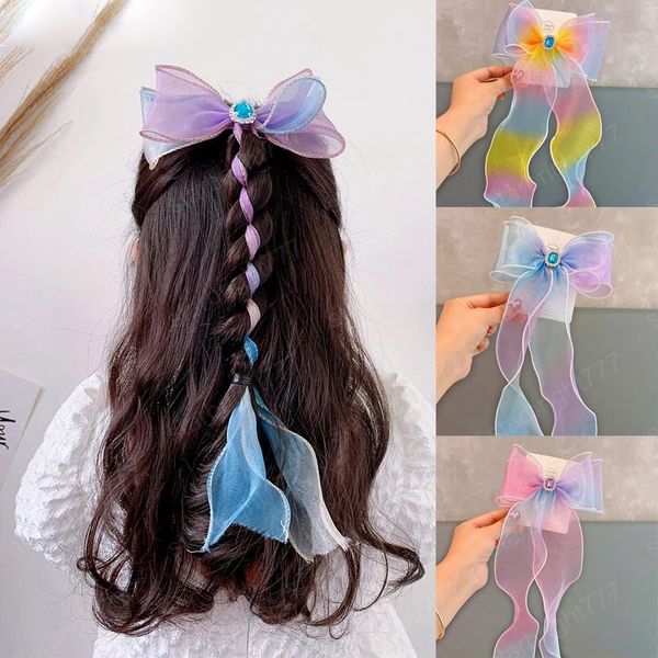 

fashion gradient rainbow color big bow barrette for girls streamers braided hairpin headdress children hair accessories, Slivery;white