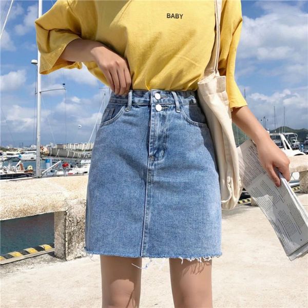 

skirts denim skirt women summer blue solid casual high waist a line street pockets button all-matched jeans, Black