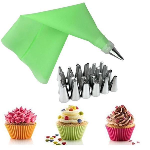 

baking & pastry tools 26 pcs/set silicone bag tips kitchen diy icing piping cream reusable bags with 24 nozzle set cake decorating