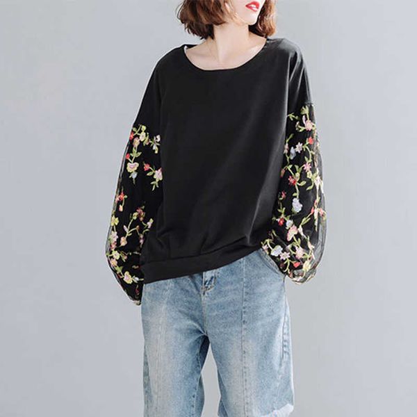 

autumn korea fashion women long sleeve o-neck pullovers hoodie patchwork mesh embroidery loose hoodies big size s27 210608, Black