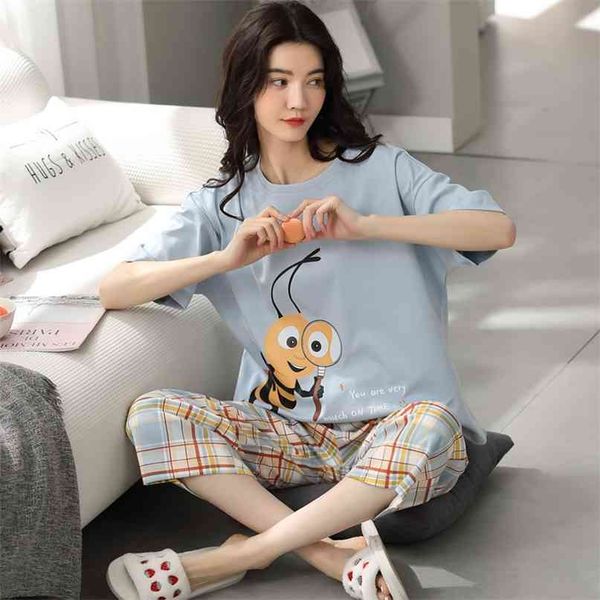 

cute sleepwear women's pajama sets women cartoon print short sleeve round neck tee and pants pajama set pj set pyjamas for women 210924, Black;red