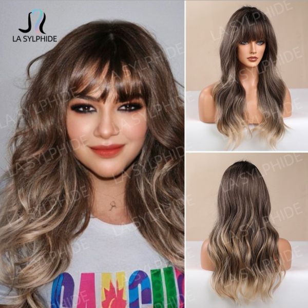 

synthetic wigs long light brown white curly brand air bangs, Black