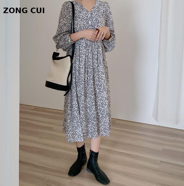

autumn women's retro printed v-neck long sleeve loose dress elegant chic midi front hall women casual dresses, Black;gray