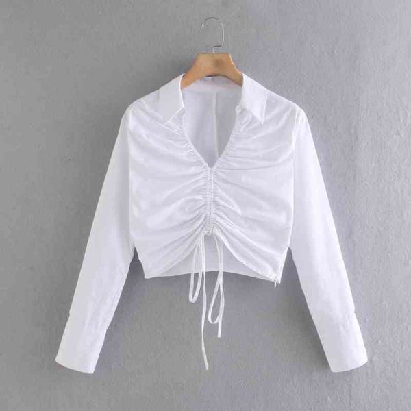 

summer women v neck drawstring pleated white short shirt female long sleeve blouse casual lady loose blusas s8905 210430