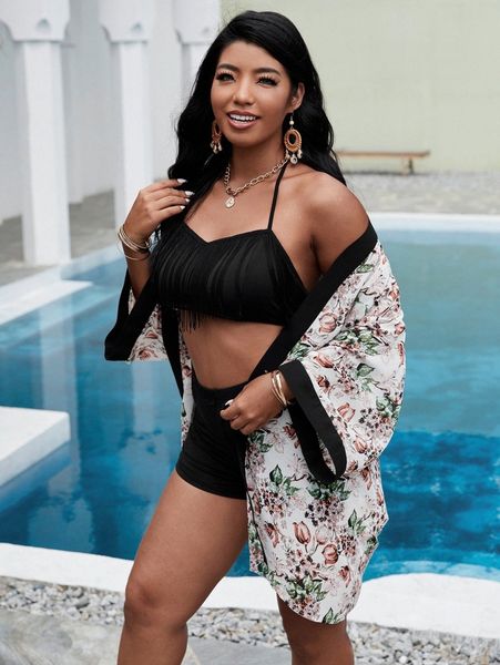 

plus fringe trim halter bikini swimsuit with kimono x0kc#, Black