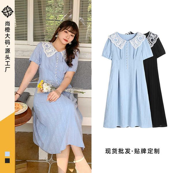 

shangcheng summer fat mm large women's doll collar shows thin temperament short sleeve jacquard drs 61166, Black;gray