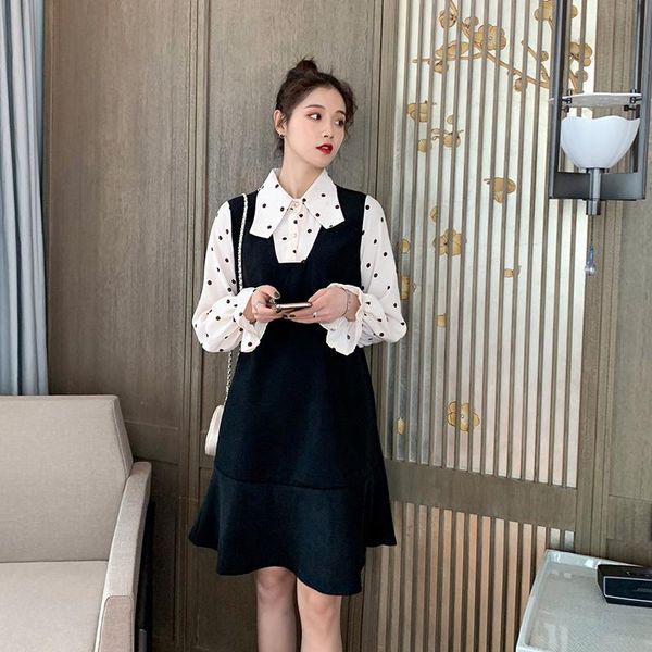 

1784# maternity clothes patchwork dot printing false two pieces spring autumn stylish dress pregnant women mom dresses, White
