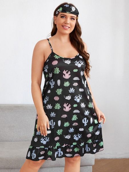 

plus cactus print ruffle hem cami night dress with eye cover q0yk#, Black;white