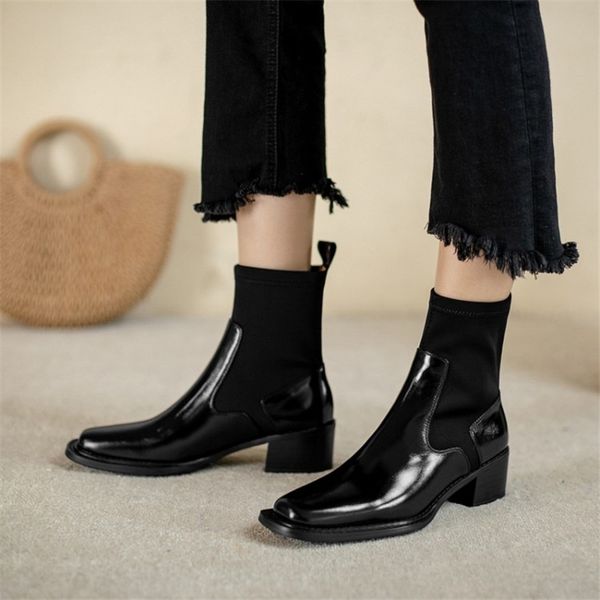 

winter women boots ins elastic boots round toe square heel slip-on short boots microfiber black item no.ds888 210507