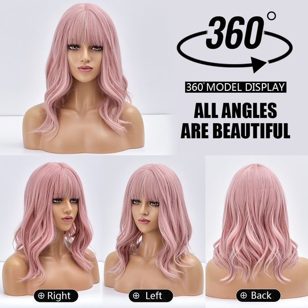 

costume accessories midium pink purple natural wave daily synthetic wigs with bangs for black white women heat resistant cosplay fake hair w, Silver
