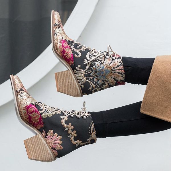 

boots 2021 women luxury silk ankle autumn winter embroider womens motorcycle lace up shoes woman, Black