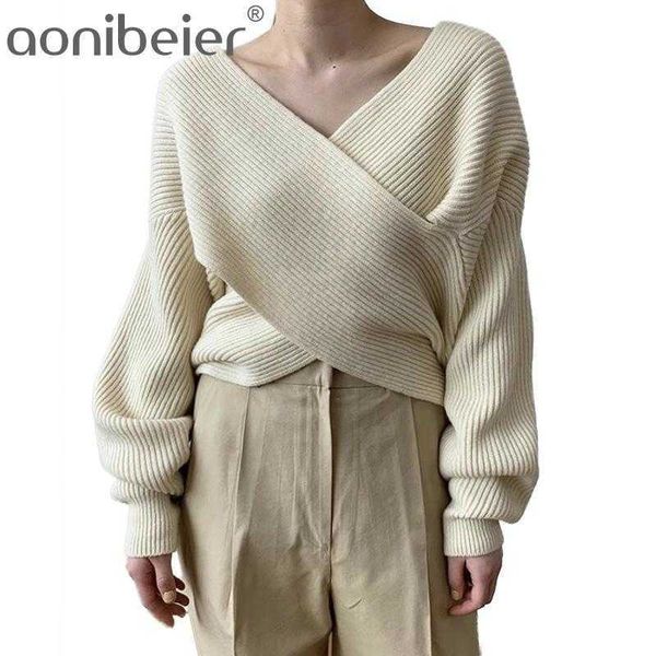 

autumn long sleeve jumper knitted loose fashion pullover femme v-neck crossover design sweater minimalism women 210604, White;black