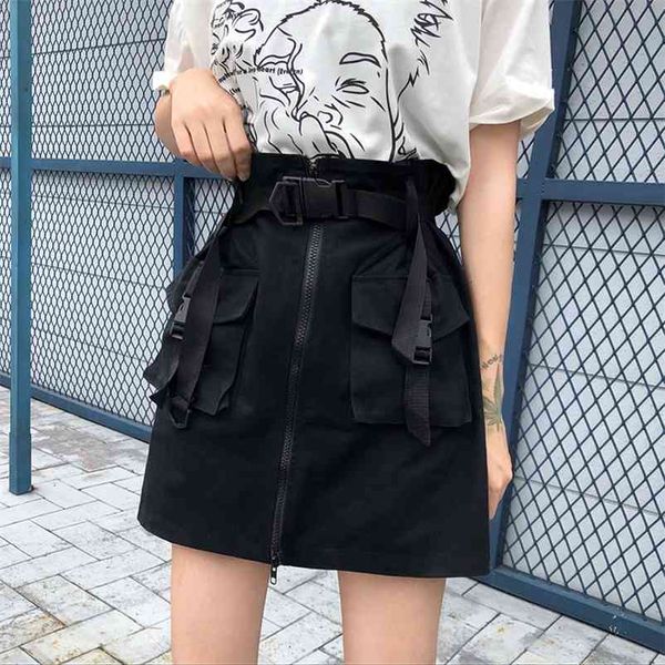 

a line zipper women mini cargo skirts pockets sashes bodycon solid ladies short skirt summer black khaki bottom female 210412