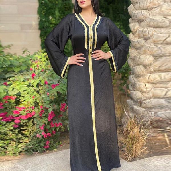 

ethnic clothing summer 2021 middle east women's dress drilling webbing solid color v-neck temperament oversize casual long sleeve, Red