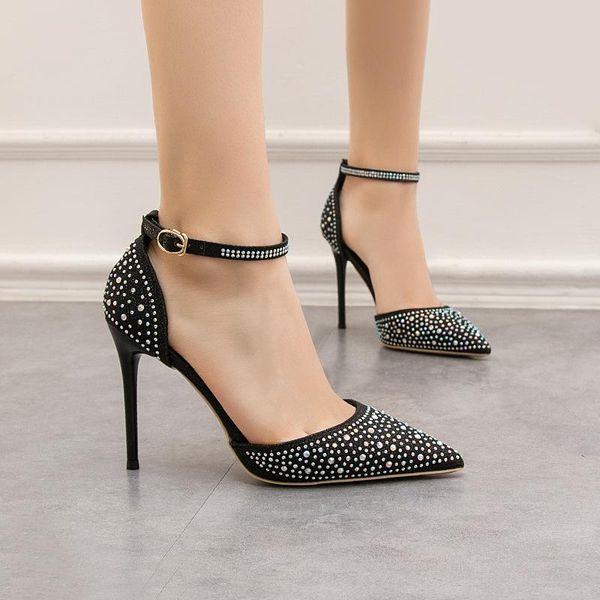 

women sandals high heeled summer girls shoes stiletto shallow pointed shiny rhinestones wedding ankle strap thin heel, Black