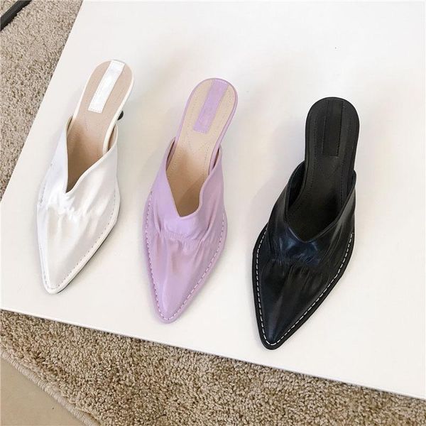 

women slippers pleated mules sandals shoes woman fashion slip on heel slides ladies elegant, Black
