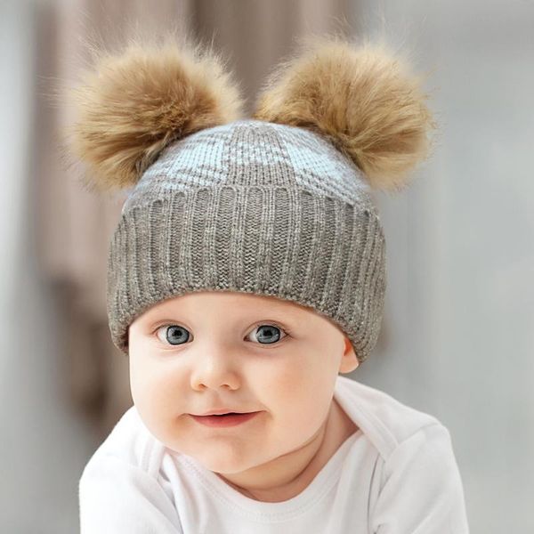 

beanies baby winter hat plaid keep warm jumper cap for boy girl 1 2 3 years old casual children knitted hats fur ball kids