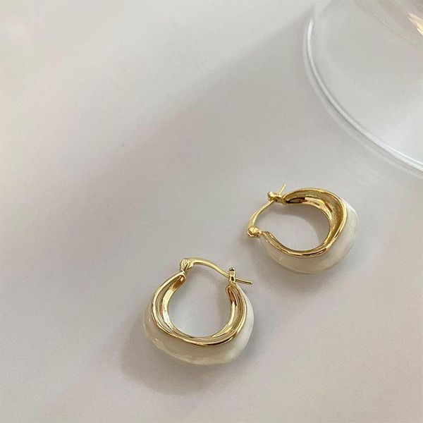 

hoop & huggie vsnow french vintage cream white enamel earring for women minimalist gold hollow metallic party jewellery, Golden;silver