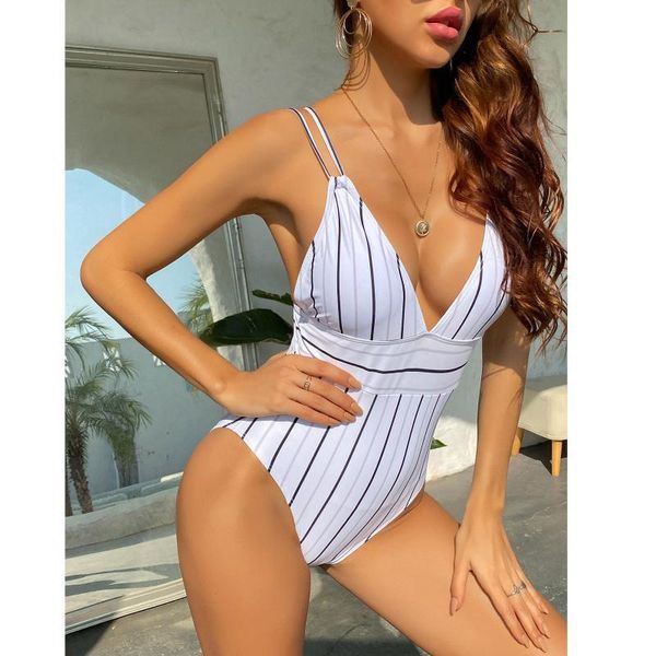 

women's swimwear bikini woman's striped print deep-v neck halter monokini push up high cut summer beach bathing suit a6s8, White;black