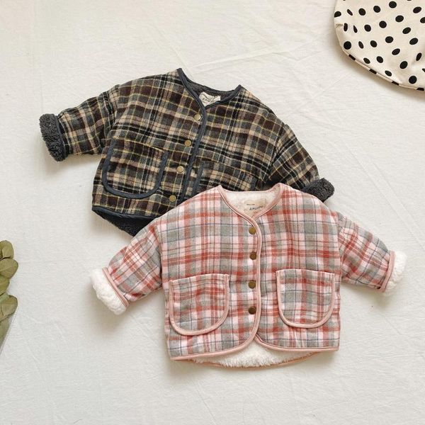 

jackets winter girls' baby clothes kids outfit plaid long-sleeved velvet warm woolen coat for children clothing all-match, Blue;gray